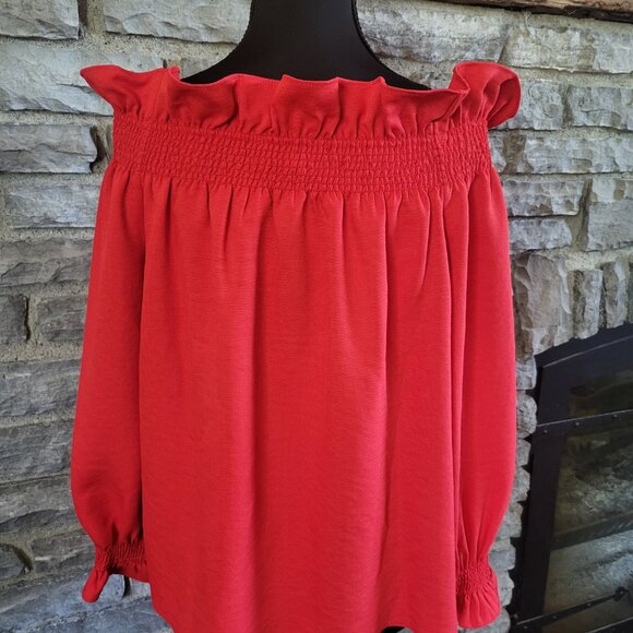 Tuckernuck Marguerite Off The Shoulder Blouse Red Smocked Ruffled Romantic Small - Picture 7 of 12